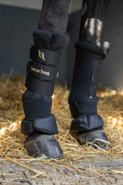 Close-up angled front view of a horse wearing the black Back On Track Royal Quick Wraps while standing in a stall