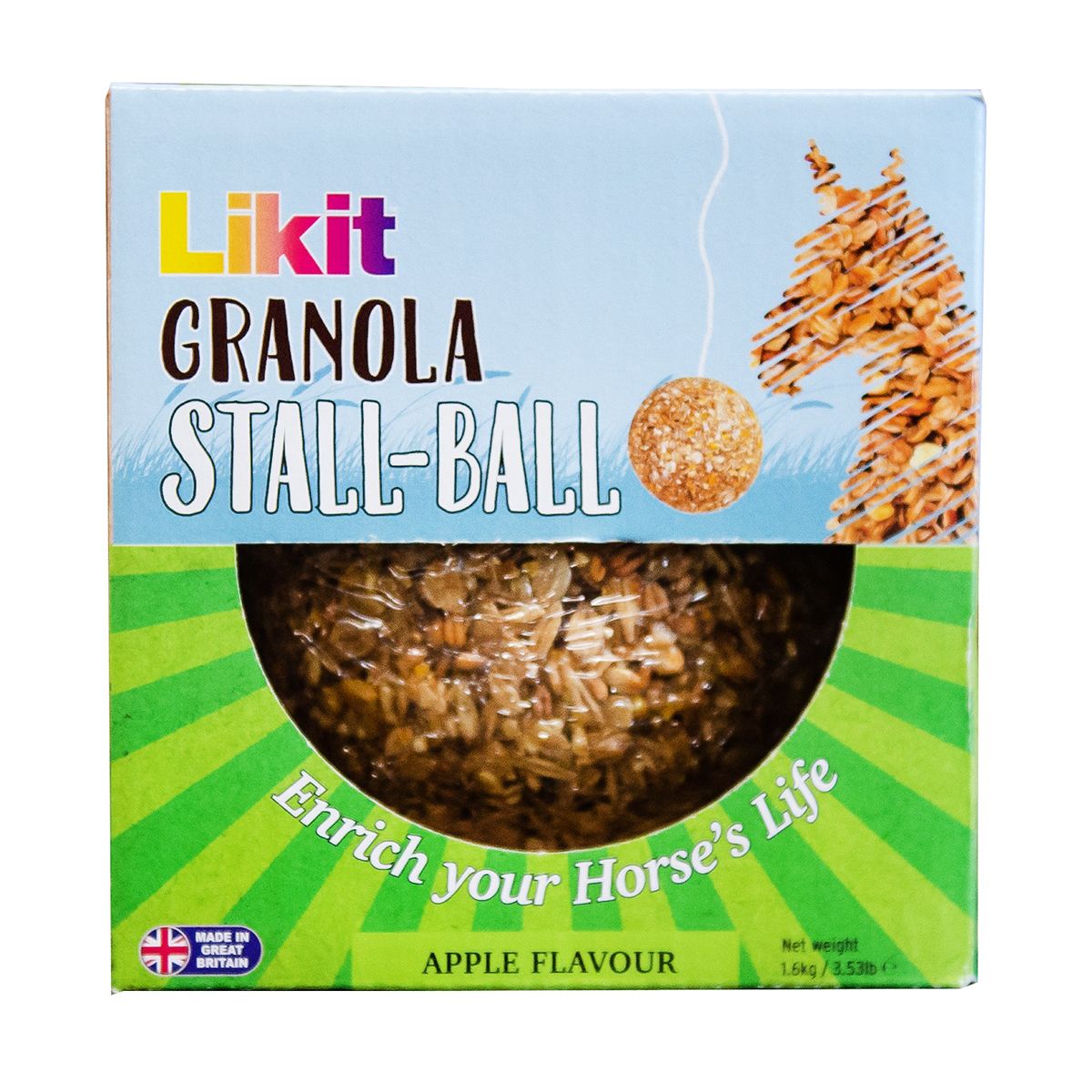View of the Apple Likit Granola Stall Ball in original packaging on a white background