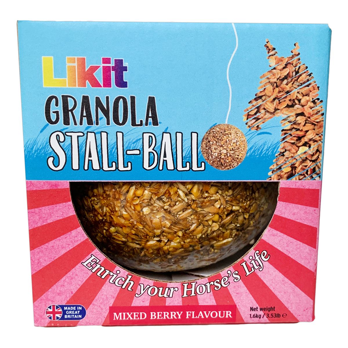 View of the Berry Likit Granola Stall Ball in original packaging on a white background