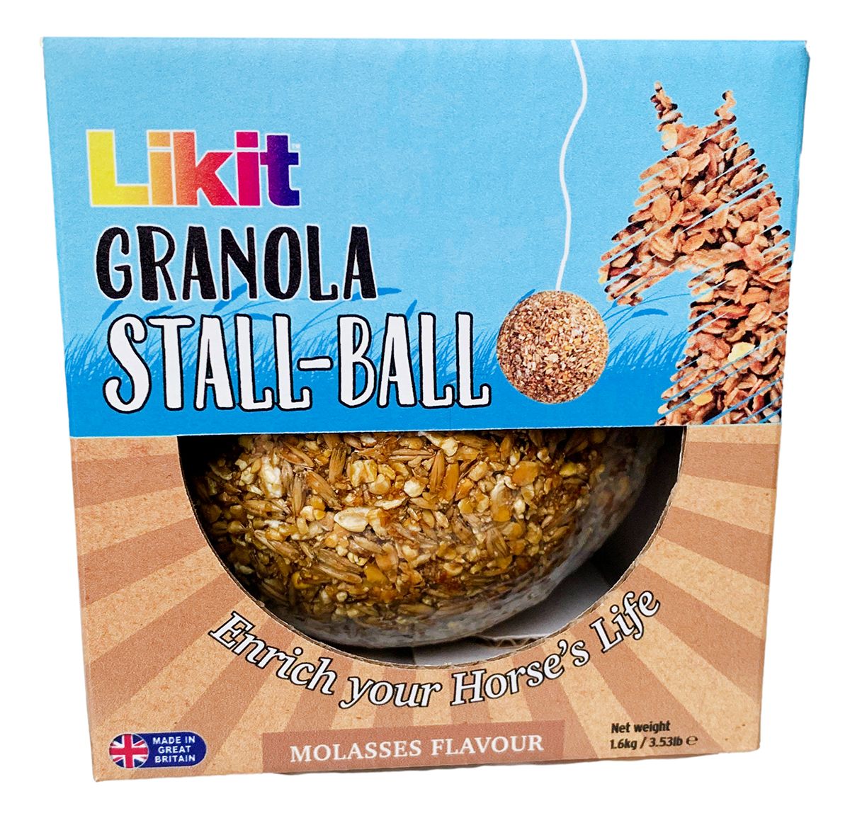 View of the Molasses Likit Granola Stall Ball in original packaging on a white background