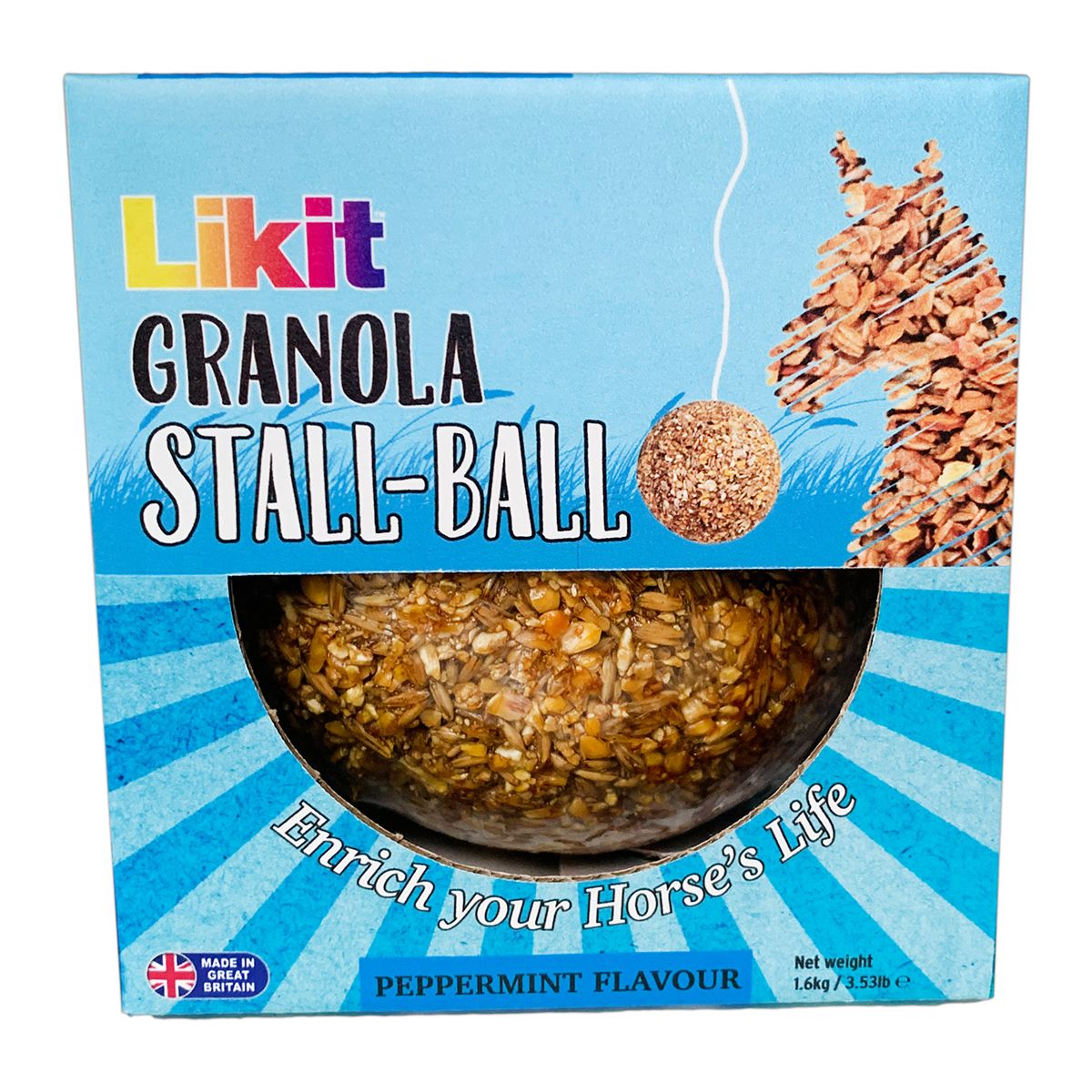 View of the Peppermint Likit Granola Stall Ball in original packaging on a white background