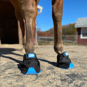 Close-up front view of a brown horse wearing the EasyCare Easyboot Zip Horse Boot while standing on rubber mats outside