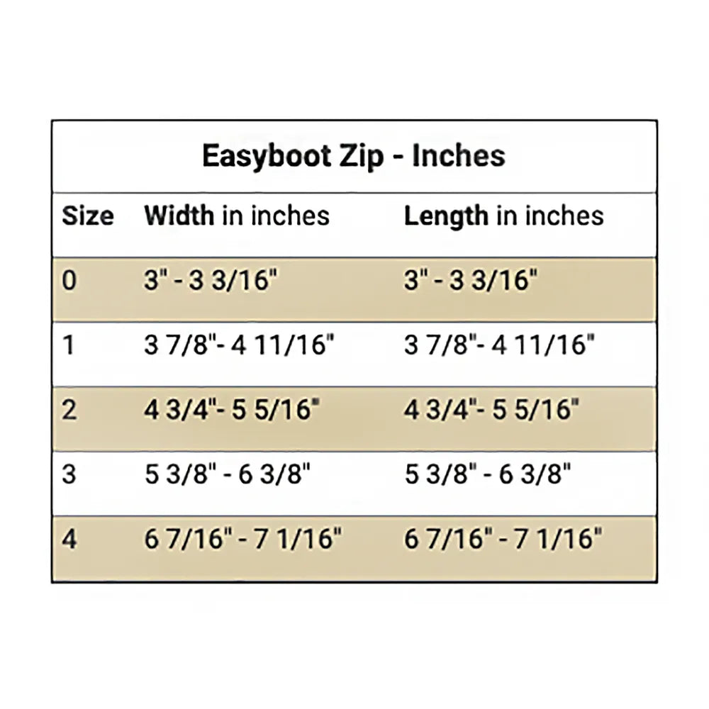 Size chart for the EasyCare Easyboot Zip Horse Boot