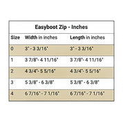 Size chart for the EasyCare Easyboot Zip Horse Boot