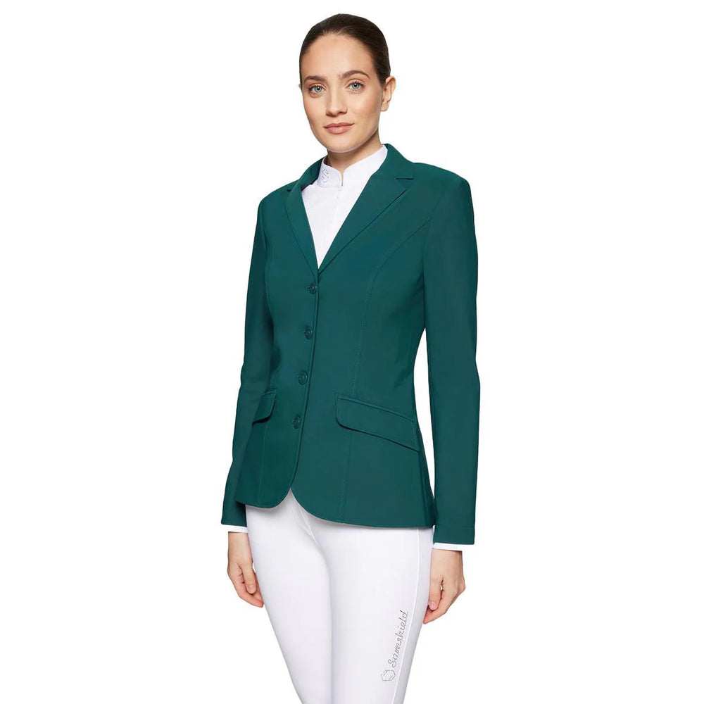 Front view of a female model wearing the Hunter Green Samshield Alexia Show Coat on a white background