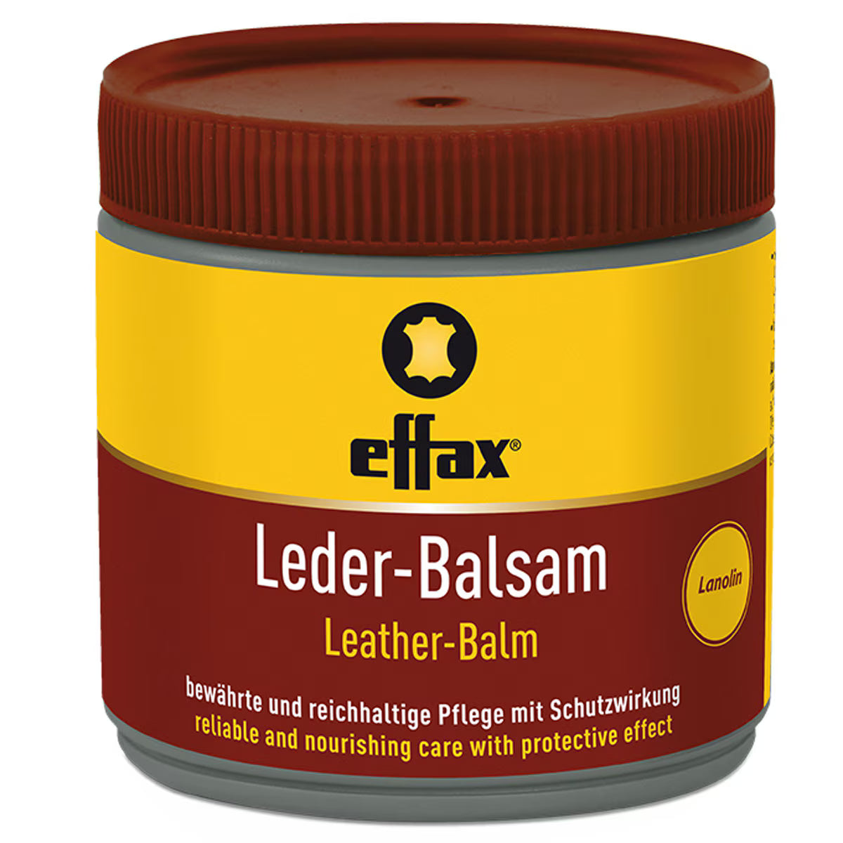 Front view of a jar of Effax Leather-Balm on a white background