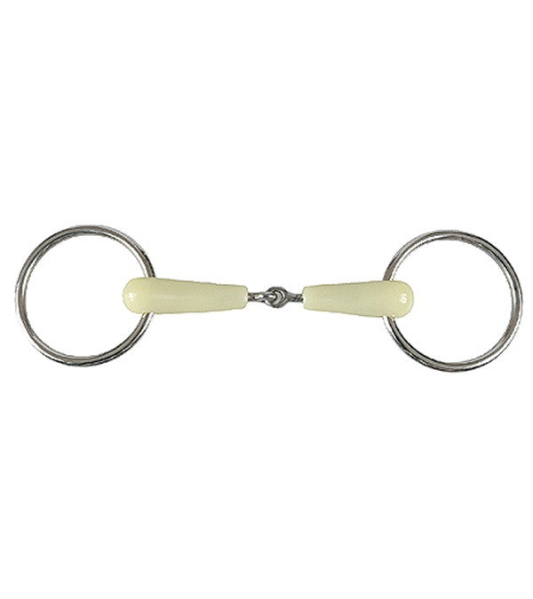Apple-flavored jointed loose ring snaffle bit with light green mouthpiece and stainless steel round rings