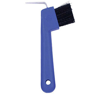 Side view of the blue Hoof Pick With Brush on a white background