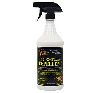 Front view of a 32 oz spray bottle of E3 All Natural Fly & Insect Repellent Spray on a white background