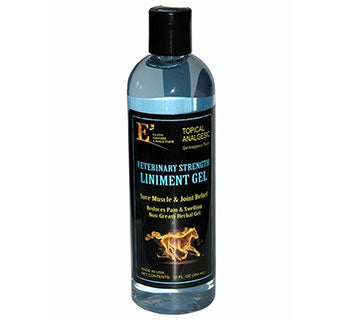 Front view of a 12 oz bottle of E3 Veterinary Liniment Gel on a white background