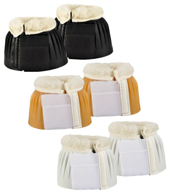Front views of the black, gum, and white colored pairs of the Jacks Fleece Topped Velcro Bell Boots on a white background