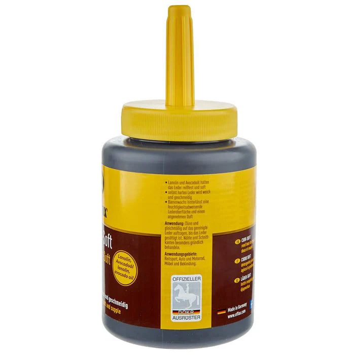 Side view of a jar of Effax Leather-Soft on a white background