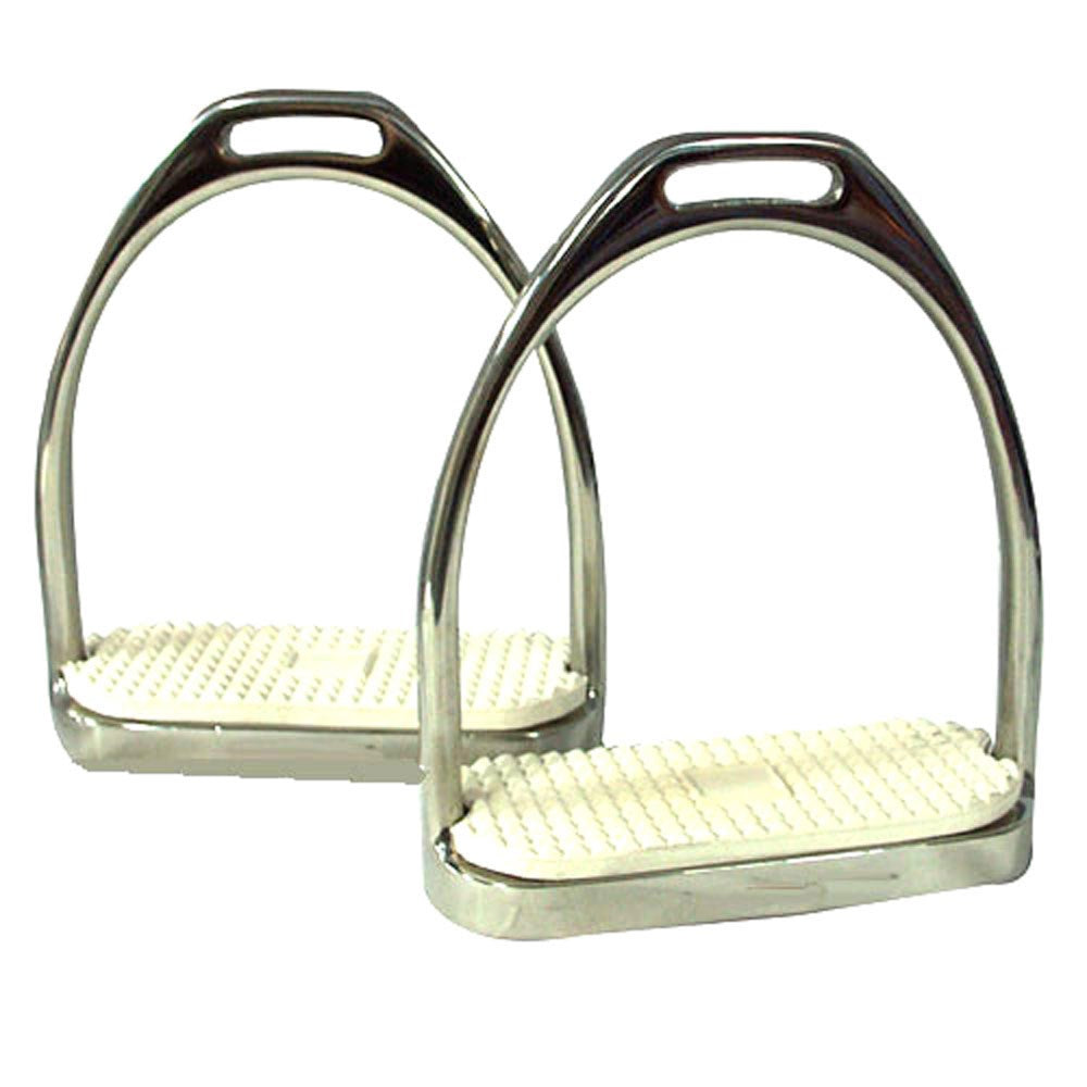 Full view of a pair of Intrepid International Premium Coronet Fillis Stainless Steel Stirrup Irons with Pads on a white background