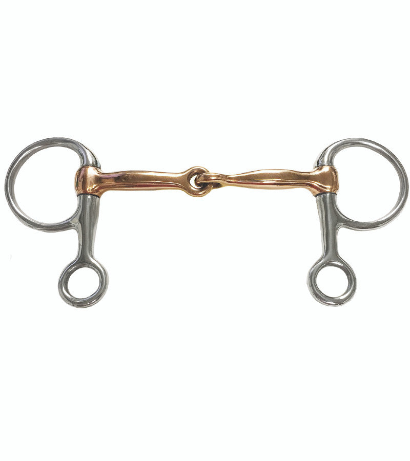 Half cheek snaffle bit with stainless steel cheeks and jointed copper mouthpiece