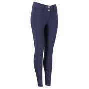 Angled front view of the Dark Blue Schockemohle Darleen Knee Grip Breeches on a white background