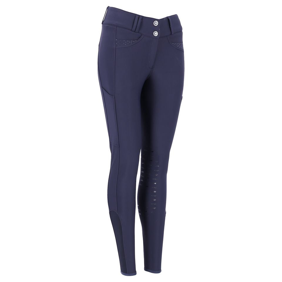 Angled front view of the Dark Blue Schockemohle Darleen Knee Grip Breeches on a white background