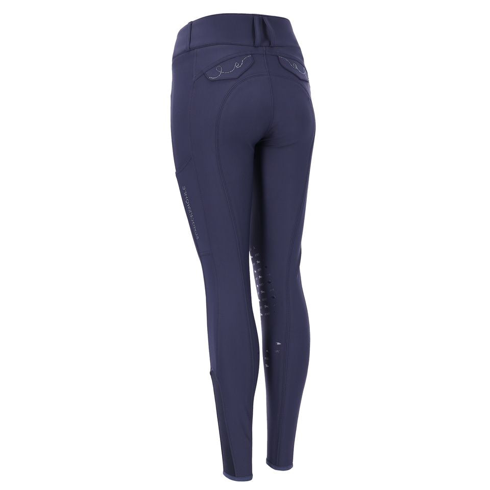 Angled back view of the Dark Blue Schockemohle Darleen Knee Grip Breeches on a white background