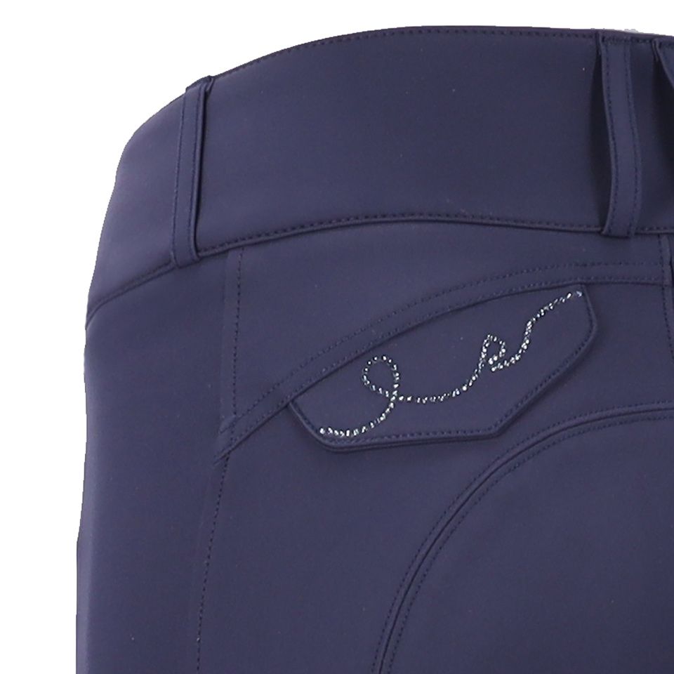 Close-up back view of the Dark Blue Schockemohle Darleen Knee Grip Breeches on a white background