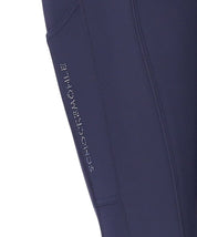 Close-up side view of the Dark Blue Schockemohle Darleen Knee Grip Breeches on a white background