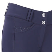 Close-up front view of the Dark Blue Schockemohle Darleen Knee Grip Breeches on a white background