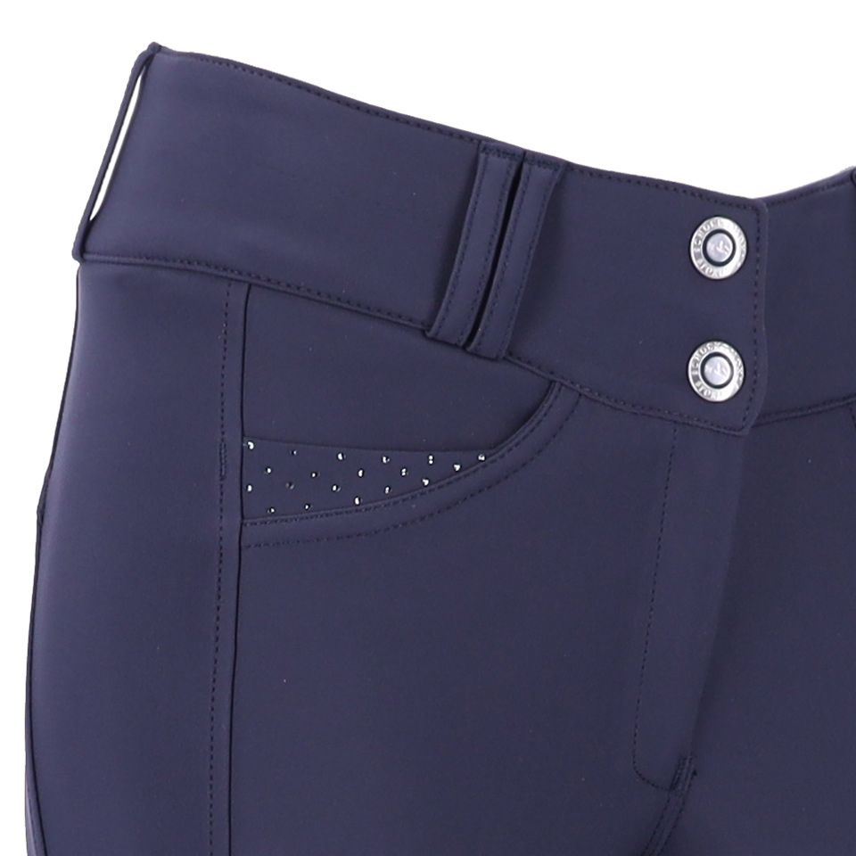 Close-up front view of the Dark Blue Schockemohle Darleen Knee Grip Breeches on a white background