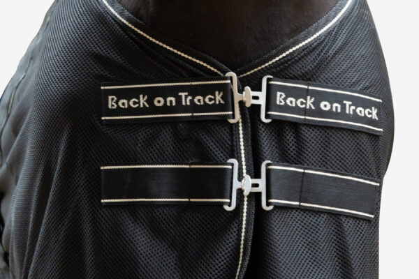 Close-up front view of the double buckles on the front of the black Back On Track Sienna Mesh Cooler Rug