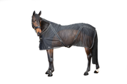 Side view of a dark colored horse wearing the black Back On Track Sienna Mesh Cooler Rug on a white background