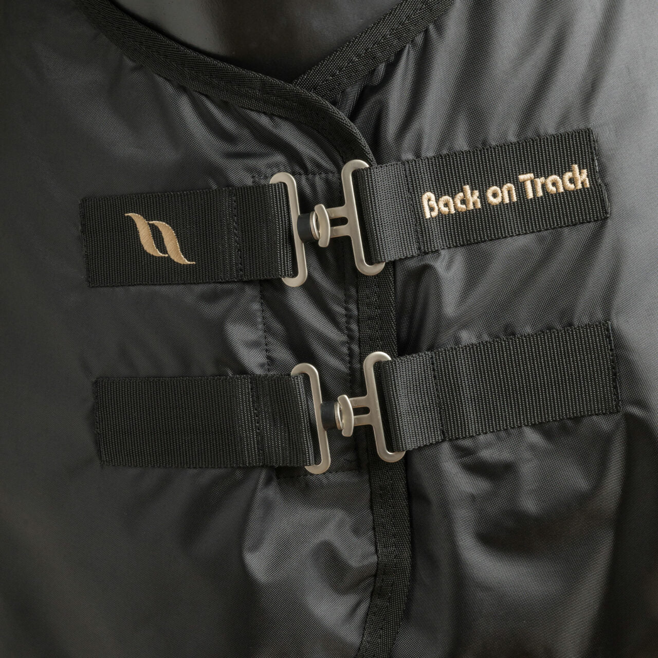 Close-up front view of the double buckles on the Back On Track Royal Mesh Sheet Deluxe