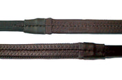 Close-up view of the pebble-grip on the havana Nunn Finer Rubber Reins on a white background