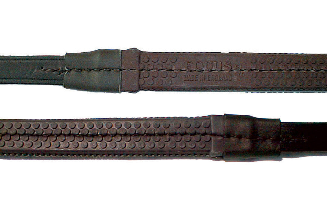 Close-up view of the pebble-grip on the havana Nunn Finer Rubber Reins on a white background
