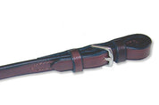 Close-up view of the buckle ends on the havana Nunn Finer Rubber Reins with Hand Stops on a white background