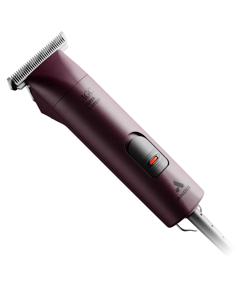 Front view of a purple pair of Andis AGC Super 2-Speed Clippers on a white background