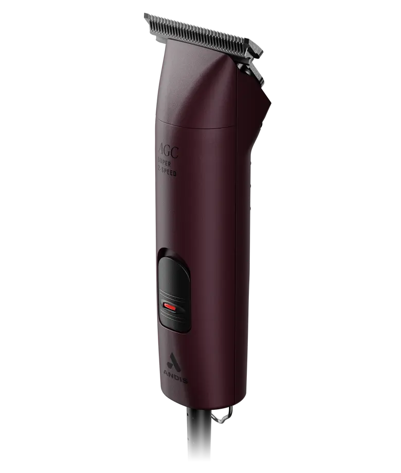 Angled front view of a purple pair of Andis AGC Super 2-Speed Clippers on a white background