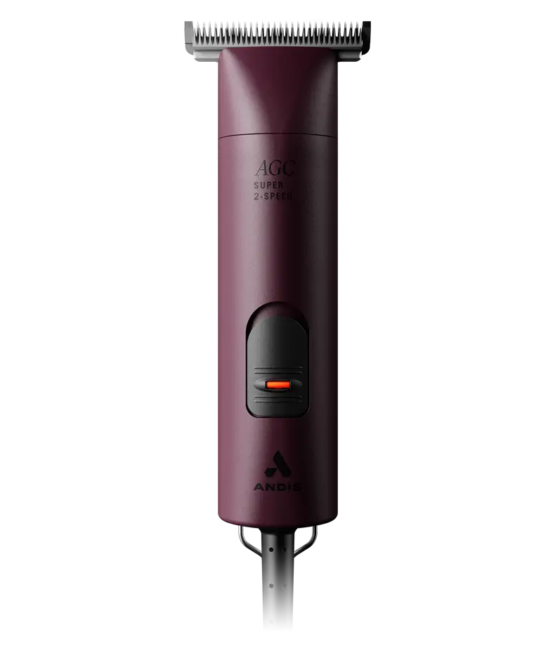 Front view of a purple pair of Andis AGC Super 2-Speed Clippers on a white background