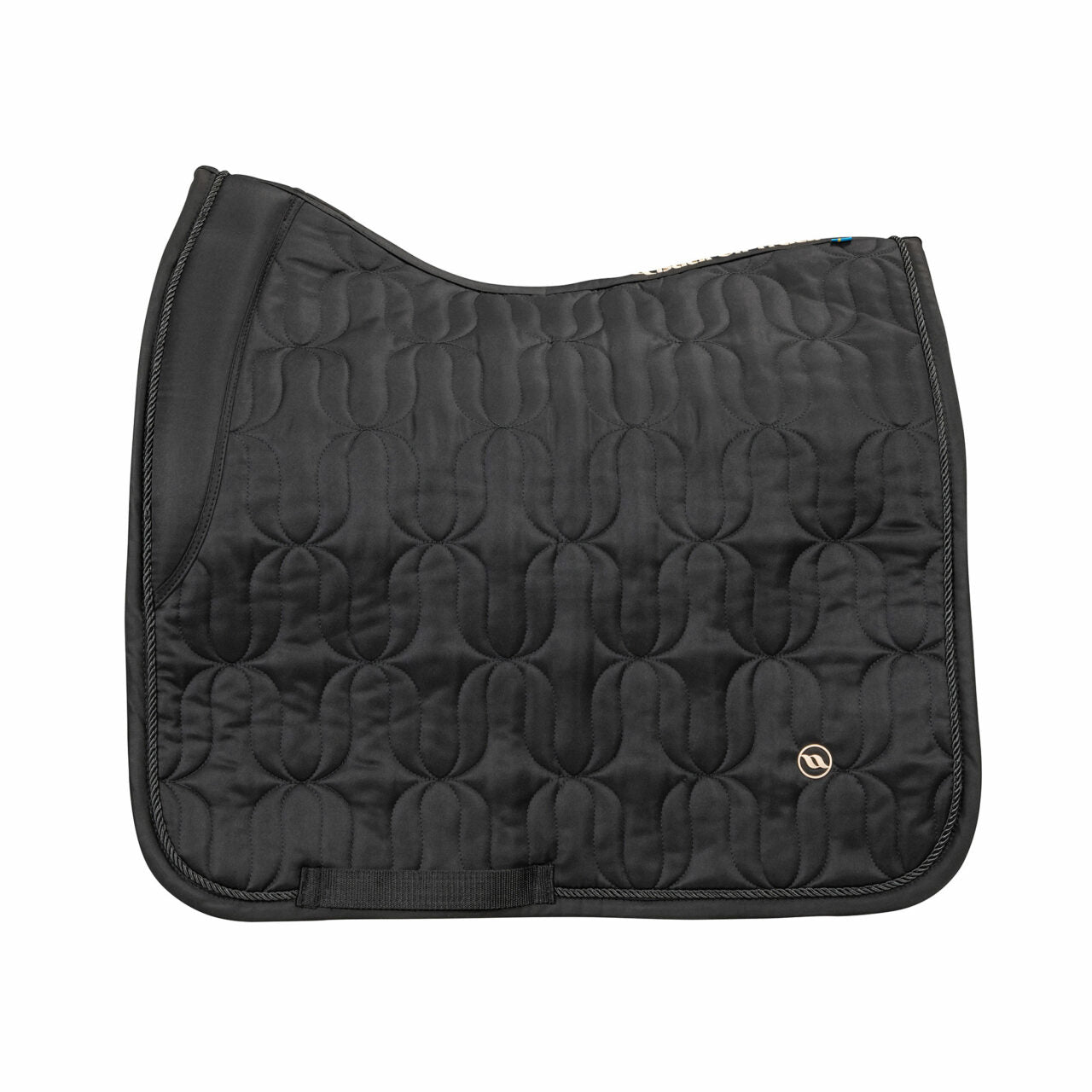 Side view of the black Back on Track Deep Nights Dressage Saddle Pad on a white background