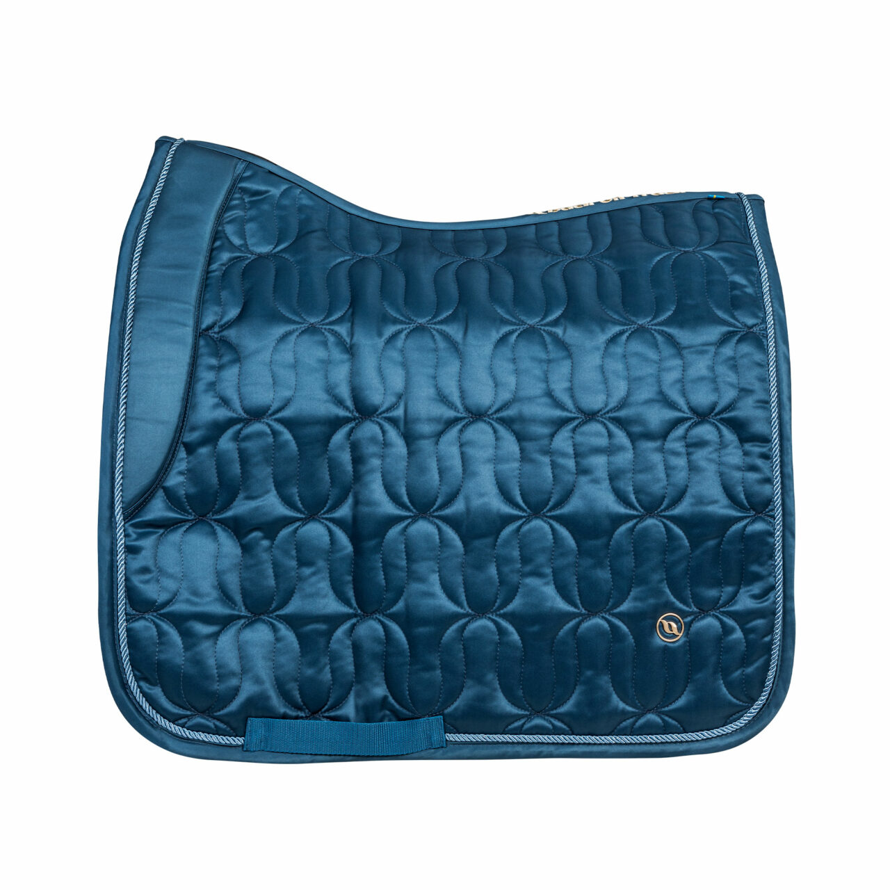 Side view of the blueberry Back on Track Deep Nights Dressage Saddle Pad on a white background