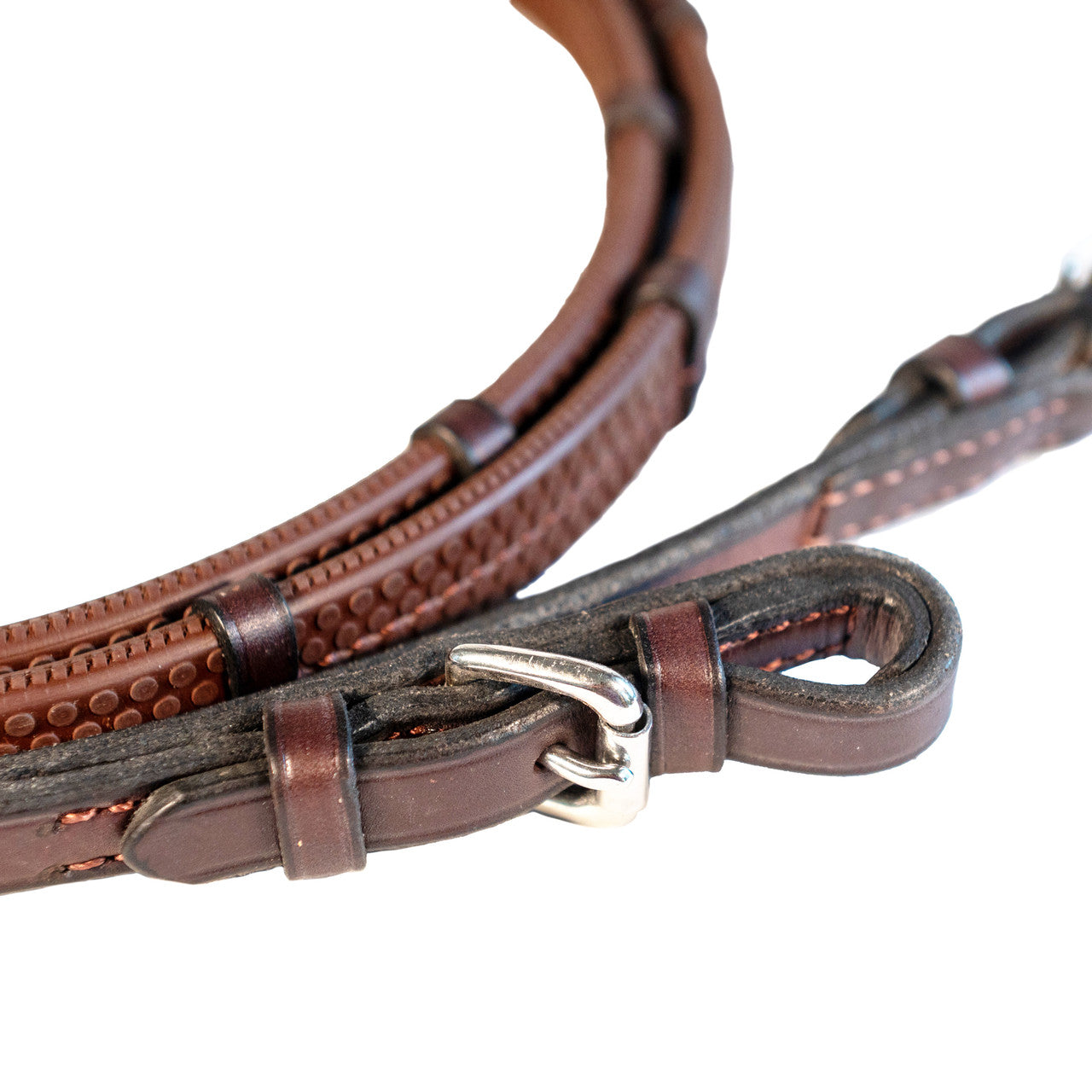 Close-up view of the buckle ends on the havana Nunn Finer Rubber Reins with Hand Stops on a white background