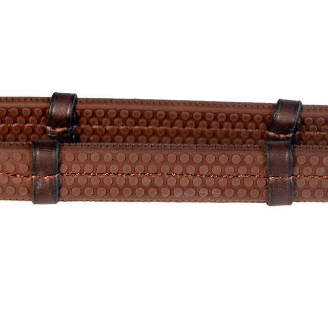 Close-up view of the pebble-grip on the havana Nunn Finer Rubber Reins with Hand Stops on a white background