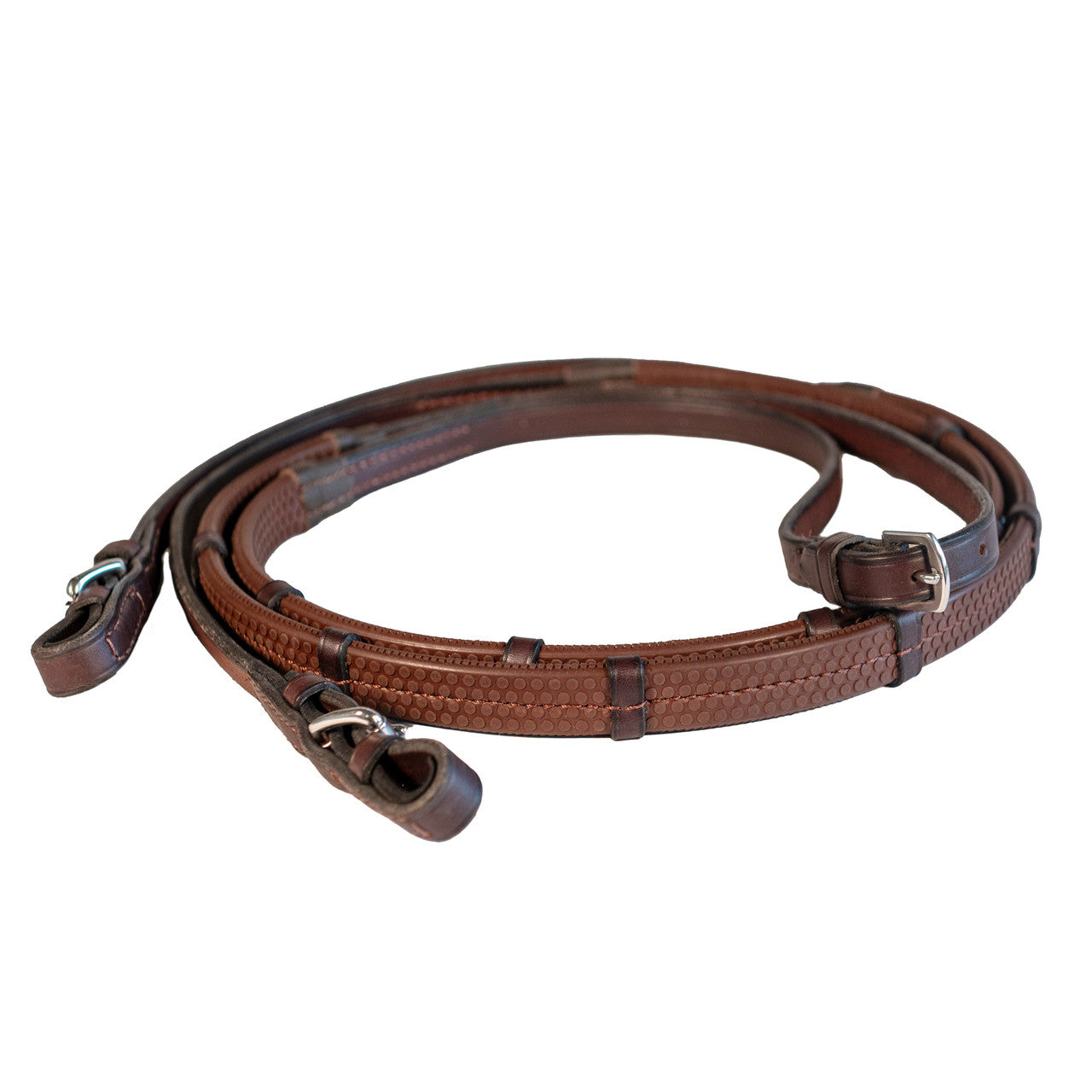 Full view of the havana Nunn Finer Rubber Reins with Hand Stops on a white background