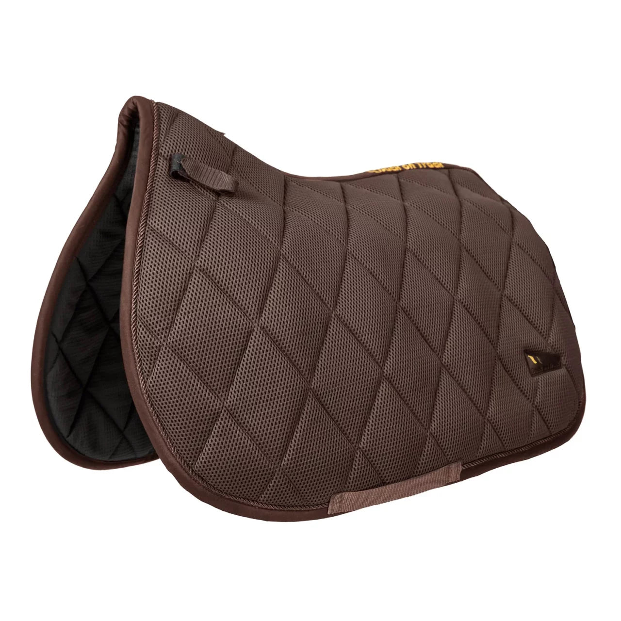 Angled front view of the brown Back on Track Airflow All-Purpose Saddle Pad on a white background