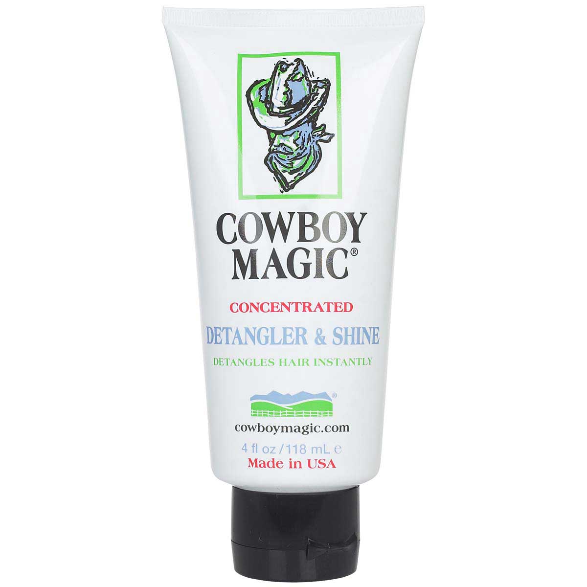 Front view of a 4 oz bottle of Cowboy Magic Detangler & Shine on a white background
