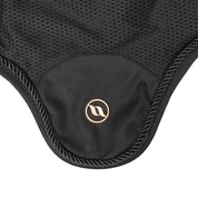 Close-up view of the black Back on Track Deep Nights Horse Bonnet on a white background