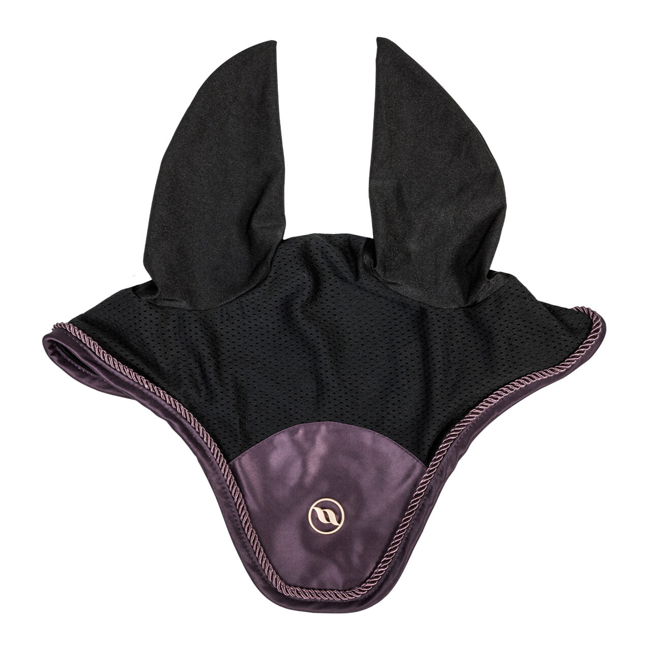 Front view of the plum Back on Track Deep Nights Horse Bonnet on a white background