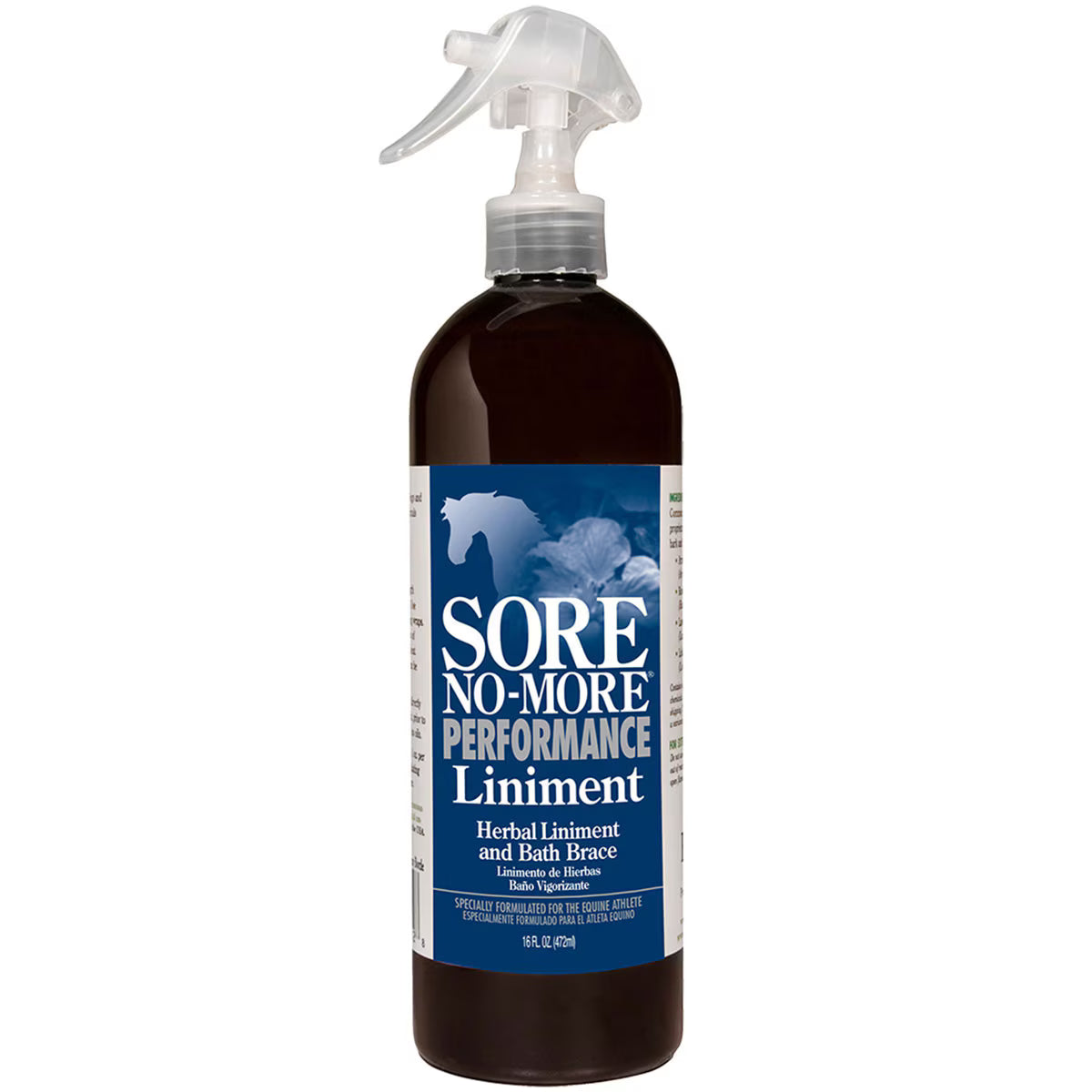 Front view of a 16 oz bottle of Sore No-More Performance Liniment Spray on a white background