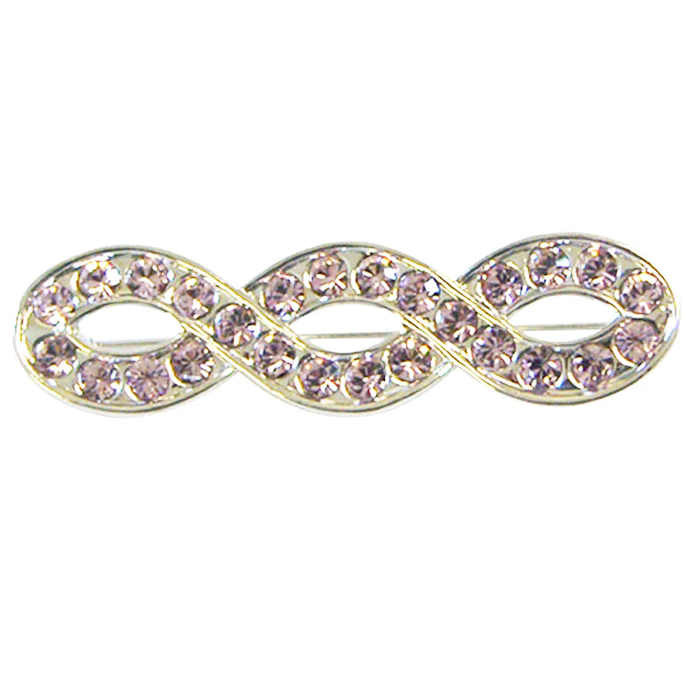 Front view of the Exselle Infinity Breast Cancer Pink Stones Platinum Plate Stock Pin on a white background