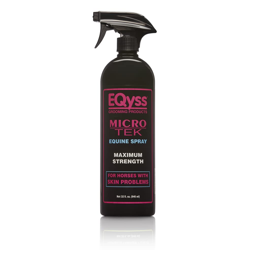 Front view of a 32 oz bottle of EQyss Micro Tek Equine Spray on a white background
