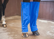 Close-up view of the Cordura Ice Boots in royal blue on a horse's legs