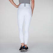 Back view of a model wearing the white Romfh Isabella Silicone Full Seat Breech on a plain background