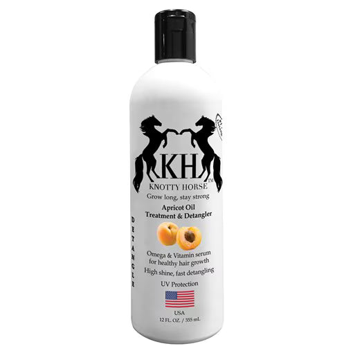 Front view of a 12 oz bottle of Knotty Horse Apricot Oil Detangling Treatment on a white background