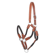 Side view of the cognac/black Kavalkade Cavo Leather Rope Halter Set on a white background